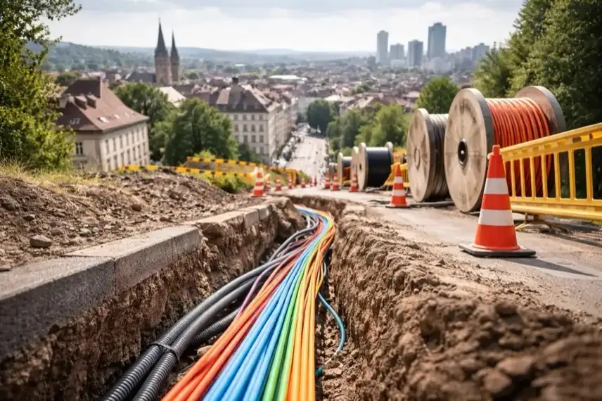 Offene Straße mit verlegten Glasfaserkabeln vor Stadt- und Landschaftspanorama als Darstellung des Glasfaserausbaus in Europa