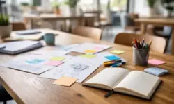 Heller Arbeitsraum mit Tisch, Notizblättern und offenem Notizbuch als Sinnbild für Ideensammlung beim Ideenwettbewerb opf.rocks 2026