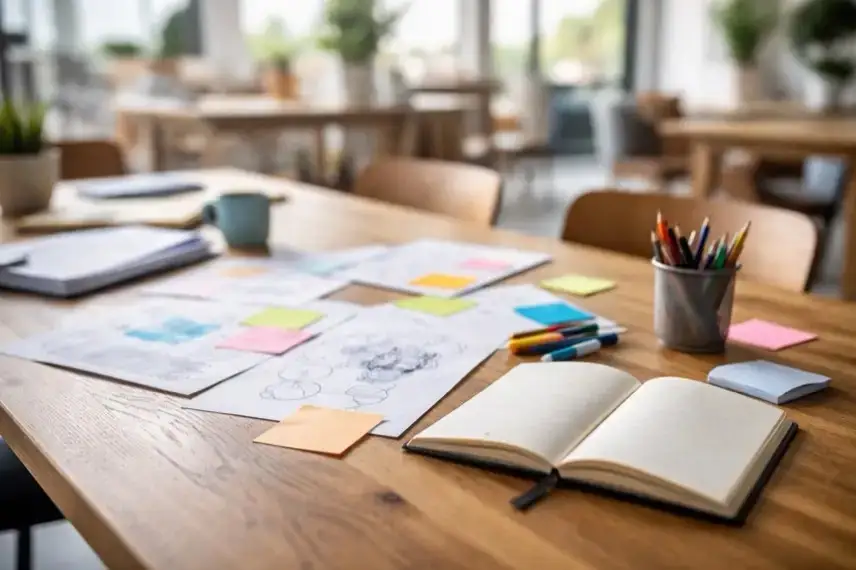 Heller Arbeitsraum mit Tisch, Notizblättern und offenem Notizbuch als Sinnbild für Ideensammlung beim Ideenwettbewerb opf.rocks 2026