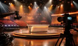 Leeres Fernsehstudio mit beleuchteter Moderationsbühne, Kameratechnik und Zuschauerplätzen im Hintergrund einer Samstagabendshow