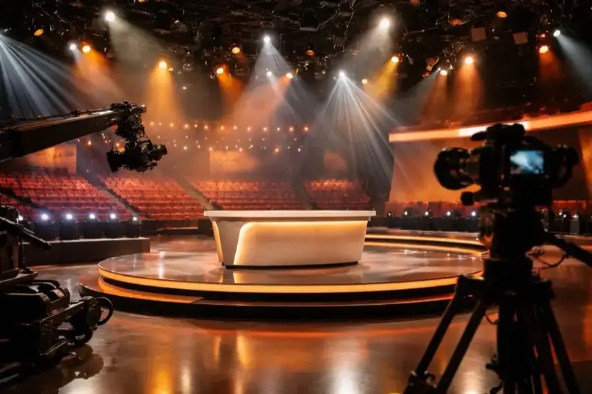 Leeres Fernsehstudio mit beleuchteter Moderationsbühne, Kameratechnik und Zuschauerplätzen im Hintergrund einer Samstagabendshow
