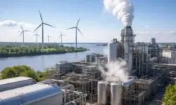 Industrieanlagen mit Dampfaustritt und Windkraftanlagen im Hintergrund an der Elbe bei Brunsbüttel, Nutzung erneuerbarer Energie