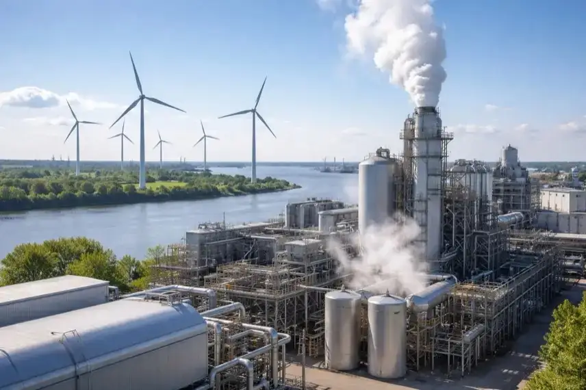 Industrieanlagen mit Dampfaustritt und Windkraftanlagen im Hintergrund an der Elbe bei Brunsbüttel, Nutzung erneuerbarer Energie