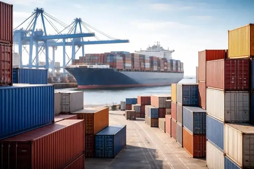 Containerterminal mit Frachtcontainern und Containerschiff im Hintergrund, dargestellt als Teil des Warenexports zwischen Deutschland und den USA.
