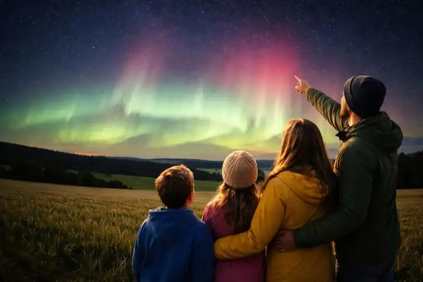 Familie mit Kindern von hinten, der Vater zeigt nach oben auf grünlich leuchtende Polarlichter am hellen Nachthimmel über einer Landschaft