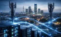 Abstrakte Mobilfunkmasten und Servertechnik in urbaner Umgebung, vernetzt durch digitale Datenlinien, europäische Telekommunikationsinfrastruktur