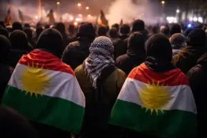 Vermummte Demonstrierende von hinten bei einer prokurdischen Kundgebung in einer deutschen Innenstadt, dicht gedrängt auf einem Platz