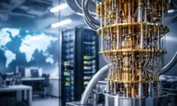 Technischer Aufbau eines Quantencomputers in einem Labor mit Kühltechnik, Kabeln und Serverstrukturen im Hintergrund.