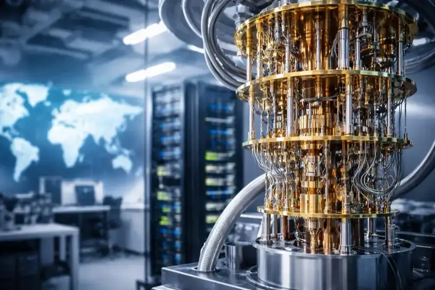 Technischer Aufbau eines Quantencomputers in einem Labor mit Kühltechnik, Kabeln und Serverstrukturen im Hintergrund.