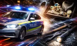 Collage mit fahrendem Polizeiauto, Schmuck in einer Auslage, Einbruchswerkzeug sowie abstrakten Linien und Glasfragmenten.