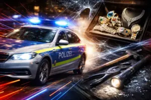 Collage mit fahrendem Polizeiauto, Schmuck in einer Auslage, Einbruchswerkzeug sowie abstrakten Linien und Glasfragmenten.