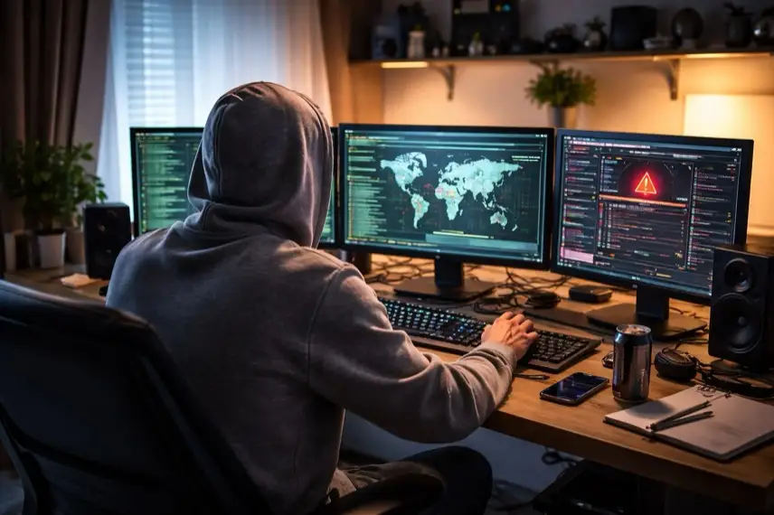 Jugendlicher mit Kapuzenpullover sitzt von hinten an einem Schreibtisch vor einem Computer in einem hellen Jugendzimmer