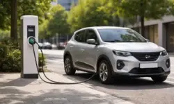 Kompaktes Elektroauto ohne Markenkennzeichen steht an einer Ladesäule in der Stadt bei Tageslicht