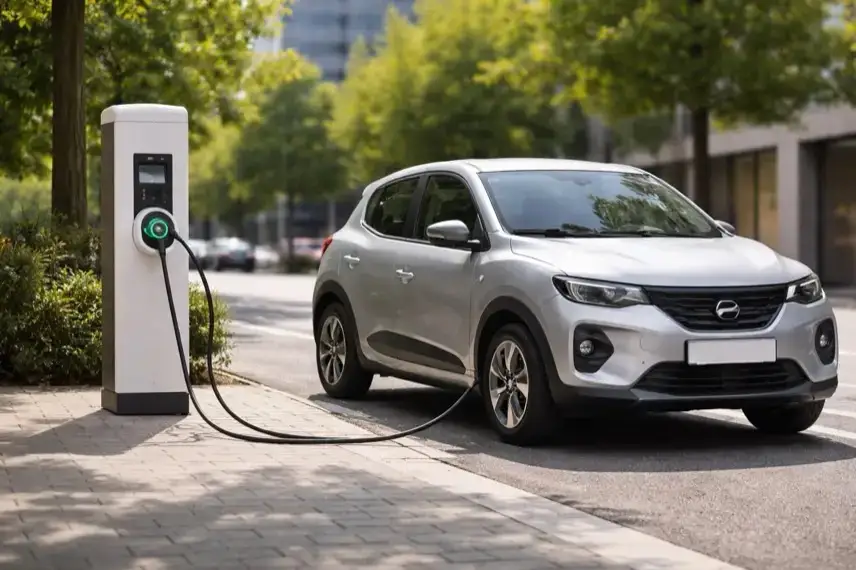 Kompaktes Elektroauto ohne Markenkennzeichen steht an einer Ladesäule in der Stadt bei Tageslicht