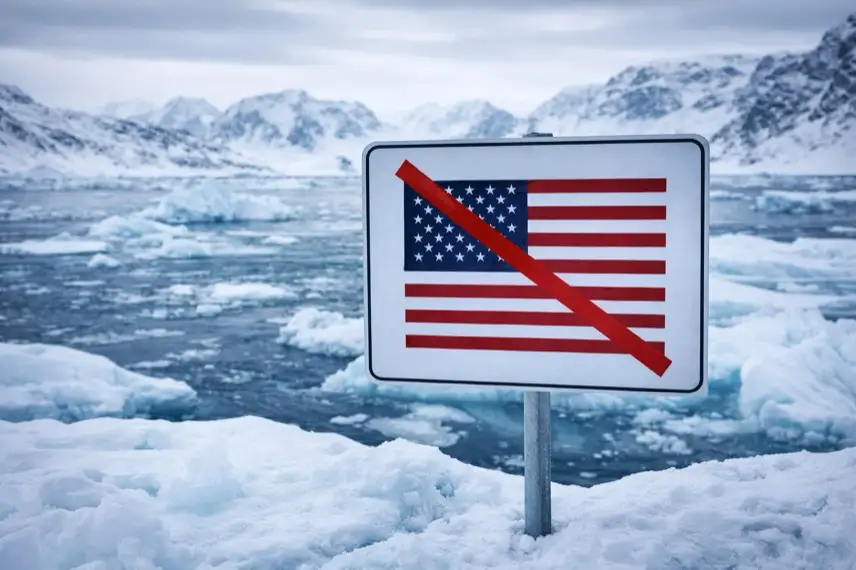 Grönländische Eislandschaft mit Schnee und Eis, davor ein Schild mit durchgestrichener USA-Flagge vor arktischem Hintergrund.