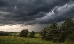 Dichte Wolkenfront über einer Landschaft, Bäume im starken Wind, grauer Himmel ohne Schnee oder Eis bei wechselhaftem Wetter