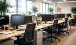 Helles Großraumbüro mit mehreren Schreibtischen, Computermonitoren und Stühlen als Symbol für Büroarbeit und Präsenzpflicht