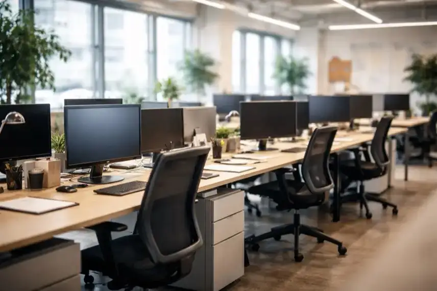 Helles Großraumbüro mit mehreren Schreibtischen, Computermonitoren und Stühlen als Symbol für Büroarbeit und Präsenzpflicht