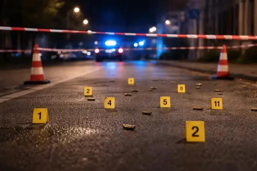 Abgesperrte Straße in Dortmund bei Nacht mit Markierungen auf dem Asphalt und Blaulichtreflexionen nach einer Schusswaffentat.