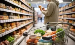 Einkaufswagen in einem dänischen Supermarkt, eine Person betrachtet ein Lebensmittel im Regal und prüft die Produktauswahl bewusst.