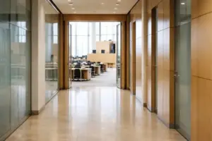 Leerer Flur eines Landtagsgebäudes mit Blick auf einen geöffneten Plenarsaal, moderne Architektur, sachliche Innenaufnahme.