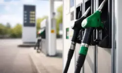 Diesel-Zapfpistole an einer Tankstelle bei Tageslicht mit Preisanzeige im Hintergrund