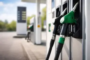 Diesel-Zapfpistole an einer Tankstelle bei Tageslicht mit Preisanzeige im Hintergrund