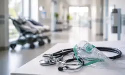 Krankenhausflur mit medizinischem Equipment wie Stethoskop und Atemmaske, Symbol für Atemwegserkrankungen und RSV im Winter