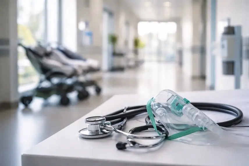 Krankenhausflur mit medizinischem Equipment wie Stethoskop und Atemmaske, Symbol für Atemwegserkrankungen und RSV im Winter