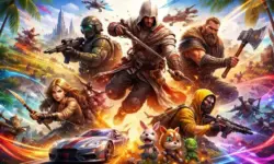 Farbige, verspielte digitale Kollage mit stilisierten Spielfiguren, abstrakten Landschaften, Linien und grafischen Elementen in dynamischer Anordnung