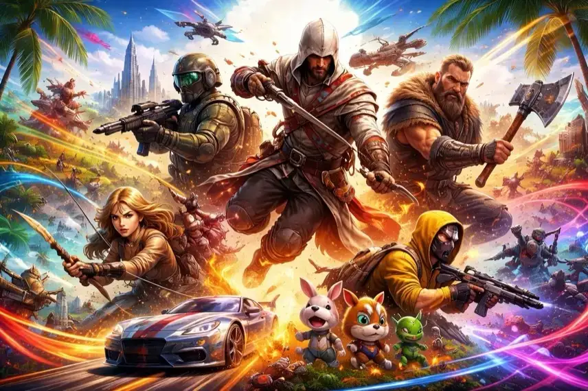 Farbige, verspielte digitale Kollage mit stilisierten Spielfiguren, abstrakten Landschaften, Linien und grafischen Elementen in dynamischer Anordnung