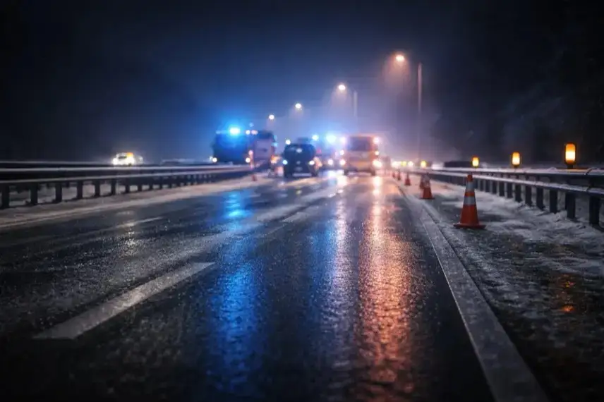 Nächtliche Autobahn mit glatter Fahrbahn, Blaulicht-Reflexionen und abgesperrtem Abschnitt auf der A44 bei winterlichen Bedingungen.
