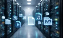 Serverracks in einem Rechenzentrum mit abstrakten digitalen Dateisymbolen als Darstellung von Online-Plattformen und Urheberrecht