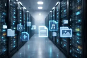 Serverracks in einem Rechenzentrum mit abstrakten digitalen Dateisymbolen als Darstellung von Online-Plattformen und Urheberrecht