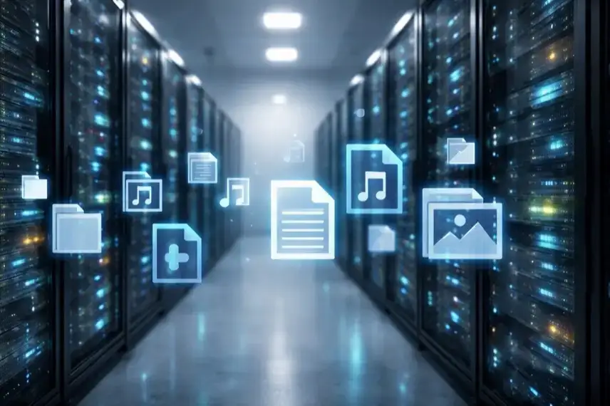 Serverracks in einem Rechenzentrum mit abstrakten digitalen Dateisymbolen als Darstellung von Online-Plattformen und Urheberrecht