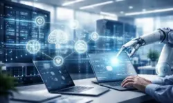 Abstrakter Arbeitsraum mit digitalen Datenströmen, Serverelementen und vernetzten Symbolen zur Darstellung künstlicher Intelligenz in Deutschland