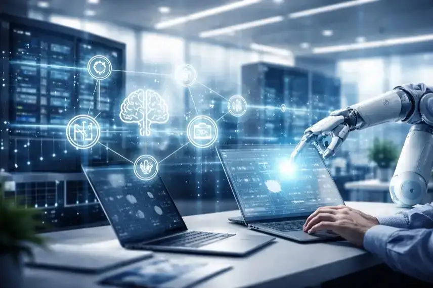 Abstrakter Arbeitsraum mit digitalen Datenströmen, Serverelementen und vernetzten Symbolen zur Darstellung künstlicher Intelligenz in Deutschland