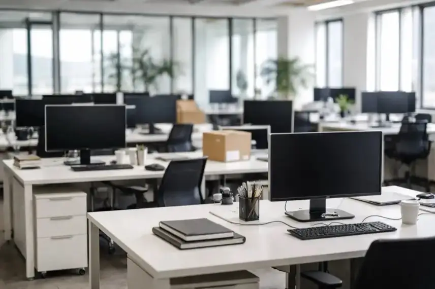 Leere Arbeitsplätze in einem Büro: Das Symbolbild steht für den Stellenabbau bei Vimeo nach der Übernahme durch Bending Spoons und den strukturellen Umbruch im Unternehmen.