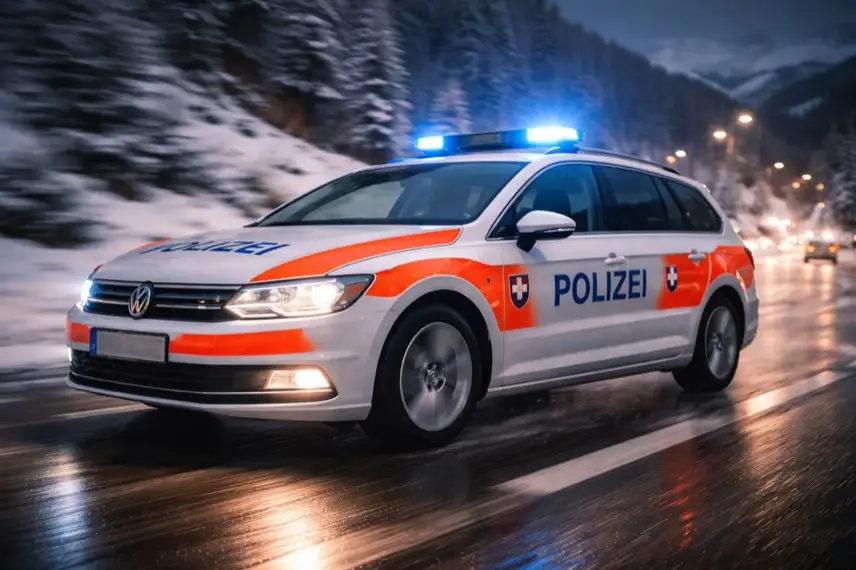 Fahrendes Schweizer Polizeiauto mit eingeschaltetem Blaulicht auf einer Straße in einer alpinen Ortschaft bei Nacht