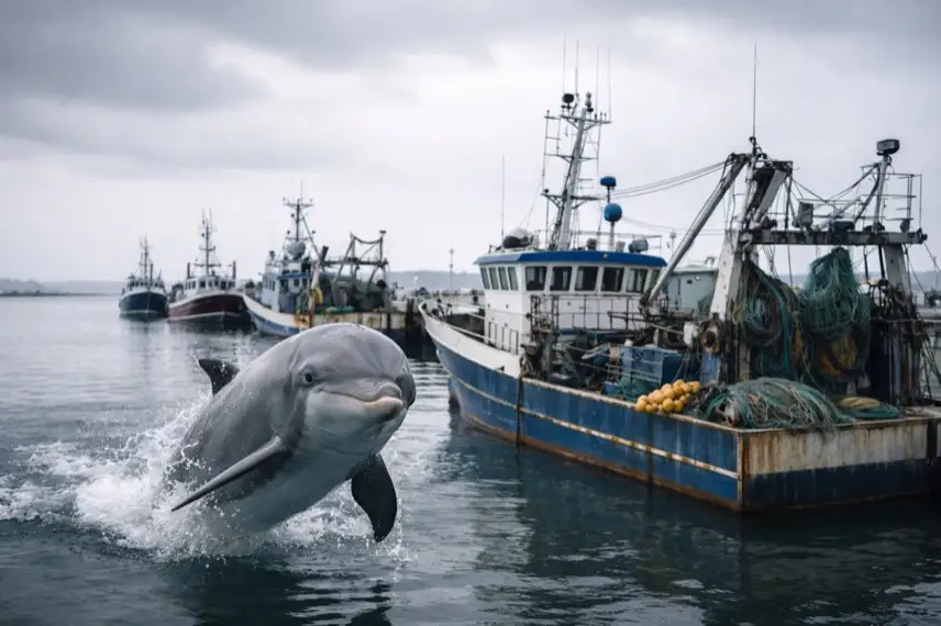 Festgemachte Fischereiboote in einem winterlichen Atlantikhafen, ruhiges Meer und zusammengelegte Netze während eines Fischereistopps.