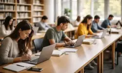 Studierende arbeiten anonym an Laptops und Büchern in einer hellen Universitätsbibliothek mit langen Tischen.