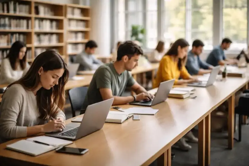 Studierende arbeiten anonym an Laptops und Büchern in einer hellen Universitätsbibliothek mit langen Tischen.