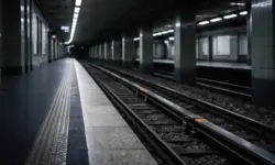 Leerer Berliner U-Bahnhof bei Nacht mit Bahnsteig, Gleisbett und stromführender Schiene unter künstlichem Licht.