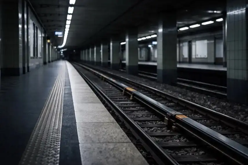 Leerer Berliner U-Bahnhof bei Nacht mit Bahnsteig, Gleisbett und stromführender Schiene unter künstlichem Licht.