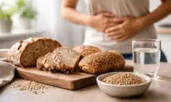 Brotsorten und Getreide auf einem Tisch, daneben unscharfer Bauchbereich einer anonymen Person als Darstellung von Bauchweh nach Brot