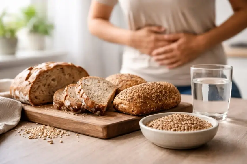 Brotsorten und Getreide auf einem Tisch, daneben unscharfer Bauchbereich einer anonymen Person als Darstellung von Bauchweh nach Brot