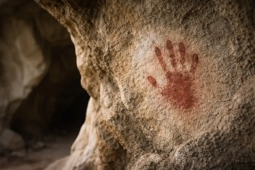 Roter Handabdruck aus Ocker an einer Felswand in einer Kalksteinhöhle in Indonesien, detailreiche Steinstruktur im natürlichen Licht.