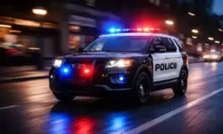 Fahrendes US-Polizeiauto mit eingeschaltetem Blaulicht auf nasser Straße bei Nacht in einer amerikanischen Großstadt.