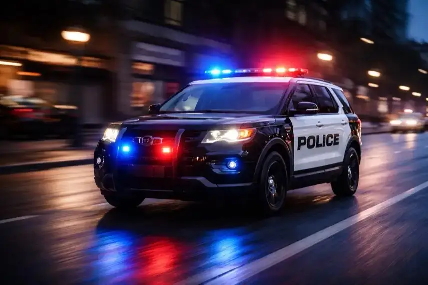 Fahrendes US-Polizeiauto mit eingeschaltetem Blaulicht auf nasser Straße bei Nacht in einer amerikanischen Großstadt.