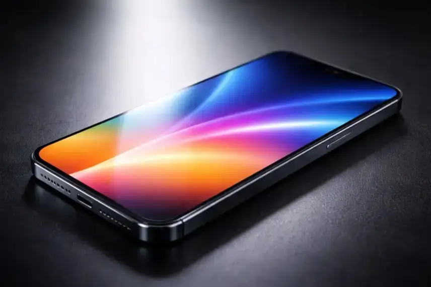 Helles Smartphone-Display auf dunklem Hintergrund mit gleichmäßiger Ausleuchtung und klaren Farbverläufen, Fokus auf Bildschirmoberfläche.